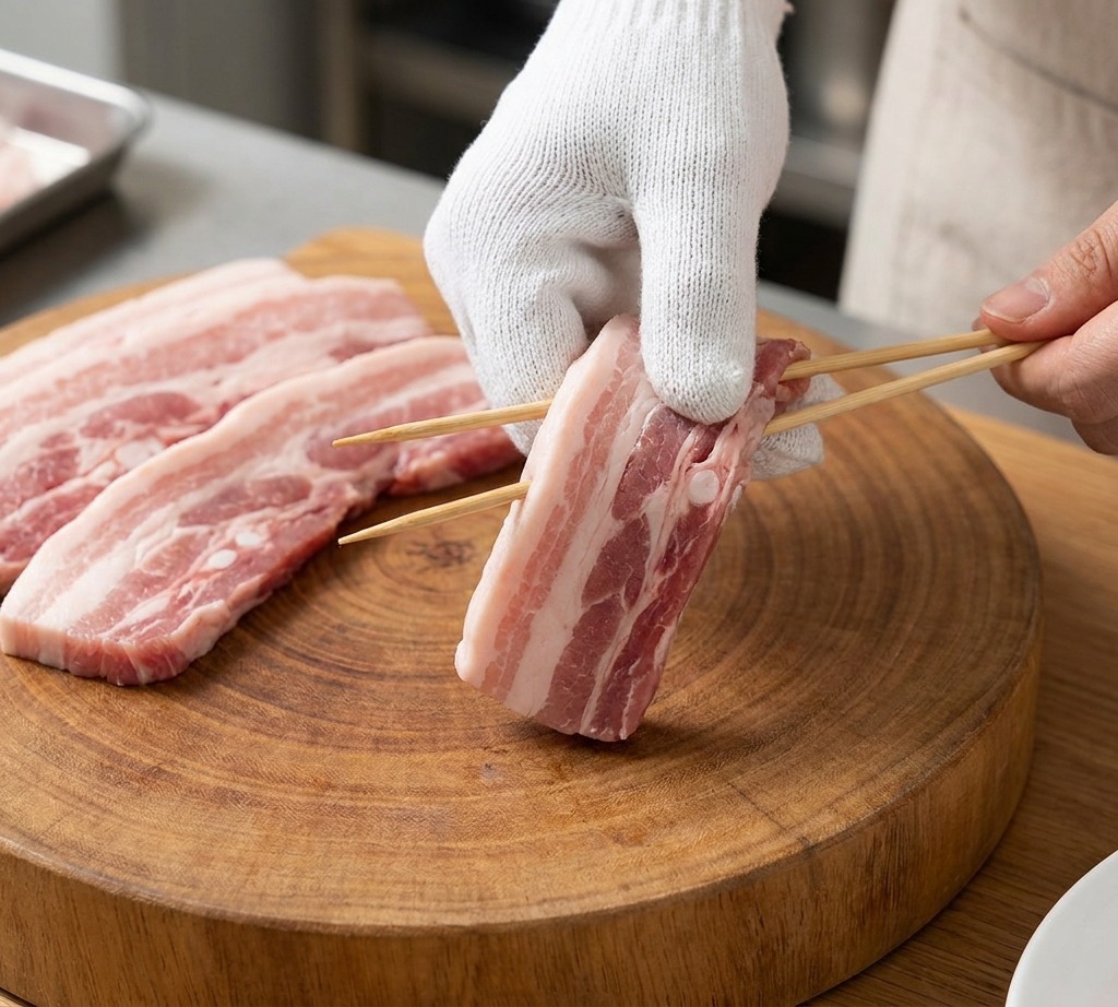 Raw pork belly slices being threaded onto wooden skewers by a hand wearing a white glove.