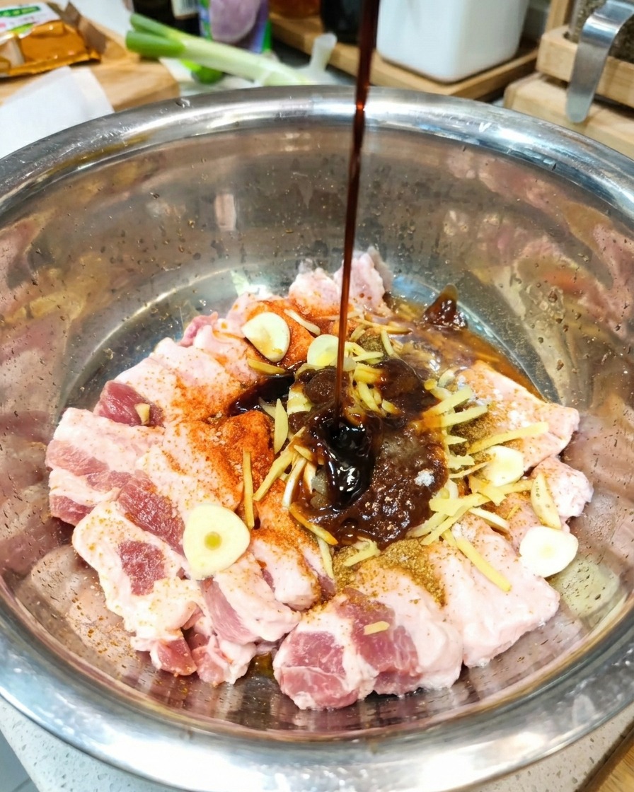 Dark liquid seasoning being poured onto the seasoned pork belly in the mixing bowl.