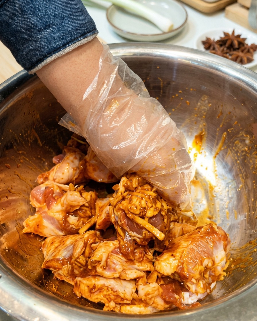 A gloved hand mixing raw pork belly slices with marinade ingredients inside a bowl.