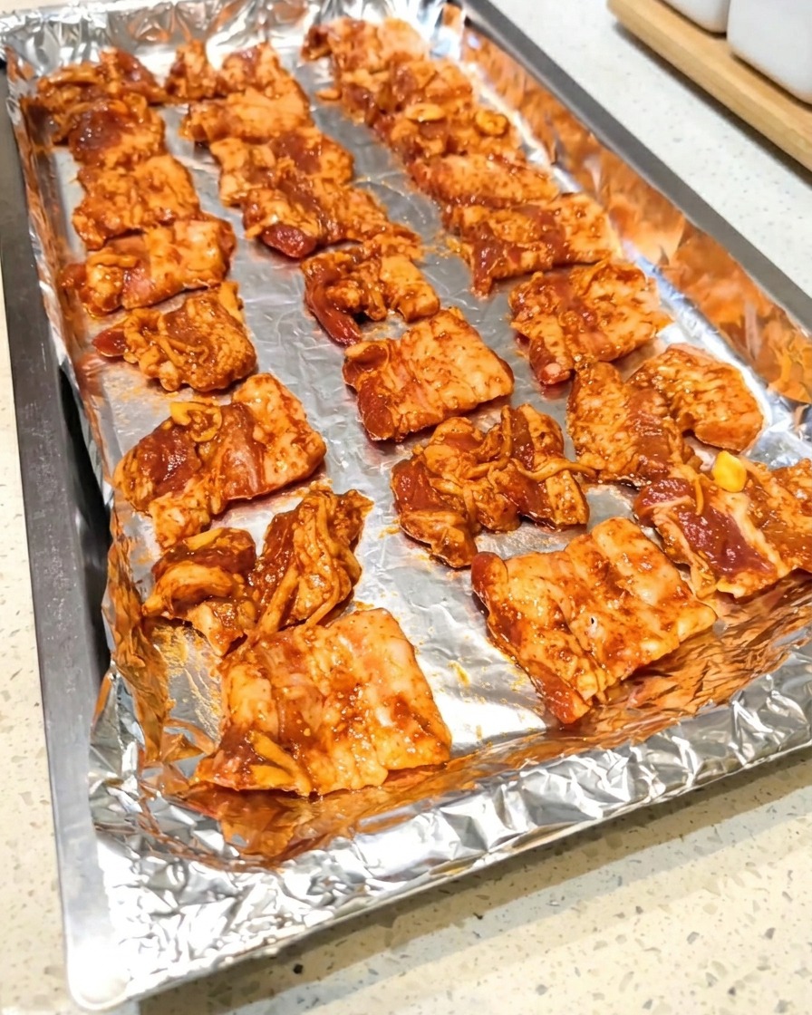 Marinated raw pork belly slices laid out neatly in rows on a foil-lined baking tray.