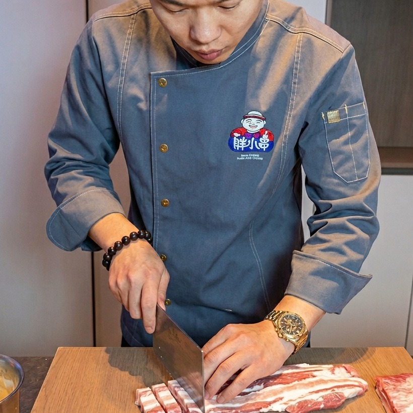 Chef slicing raw pork belly meat into uniform bite-sized chunks on a wooden cutting board.