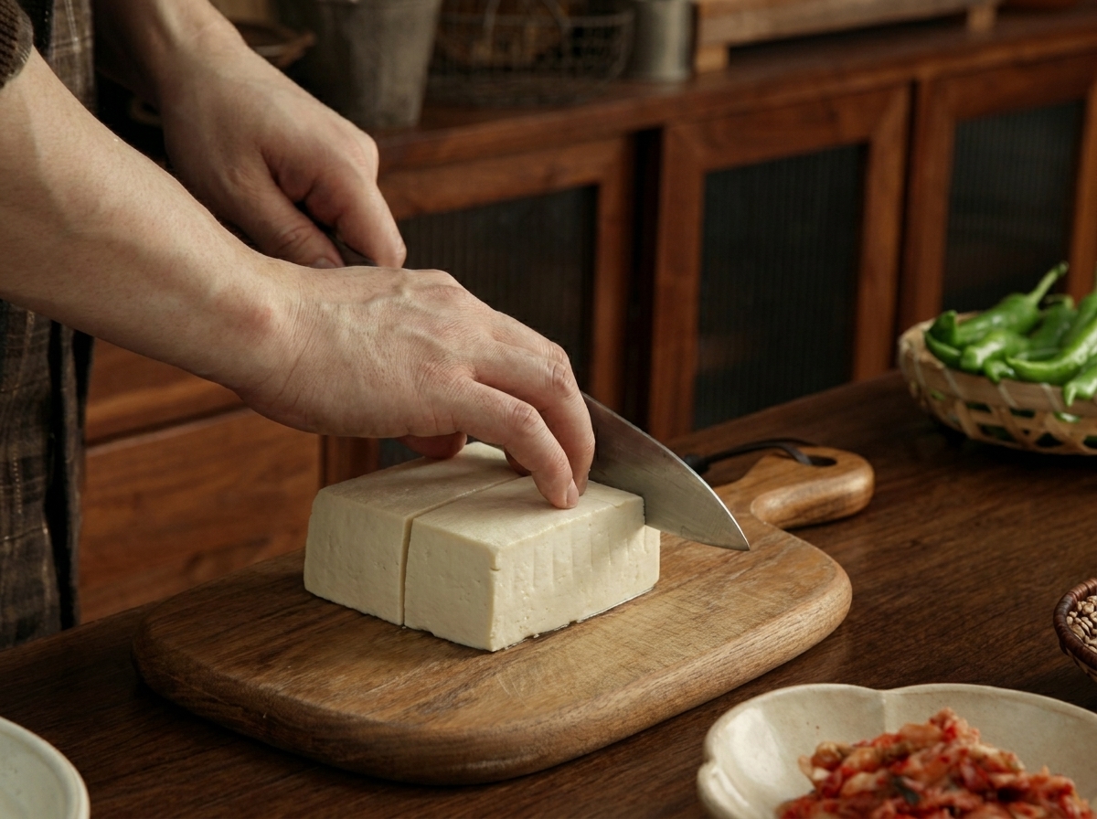 Thick slices of white soft tofu prepared on a wooden cutting board.
