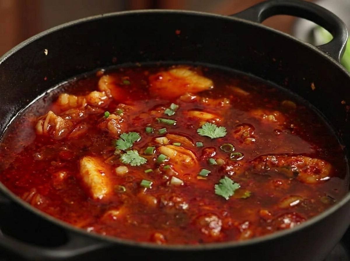 Pork belly pieces browning in a black cast-iron pot, releasing flavorful fat.