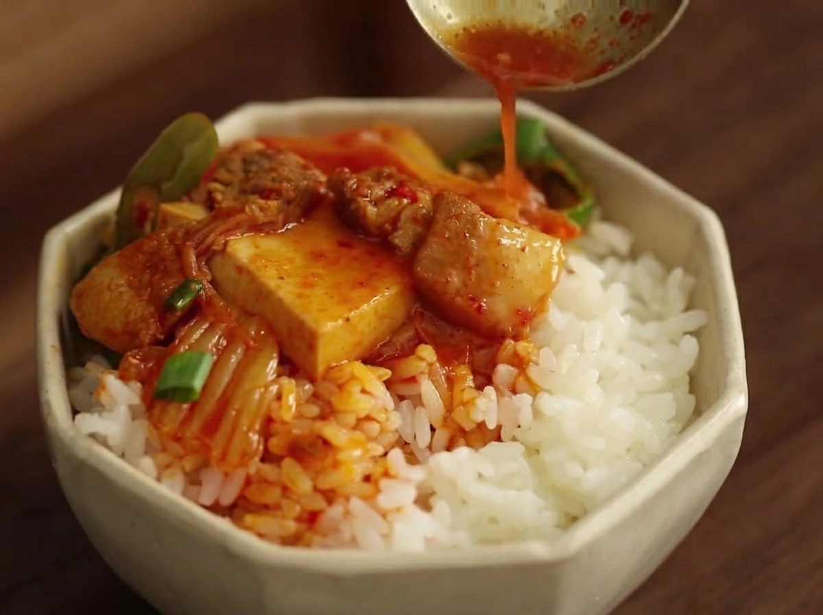 The mixture of pork, vegetables, and kimchi being stir-fried in the pot.