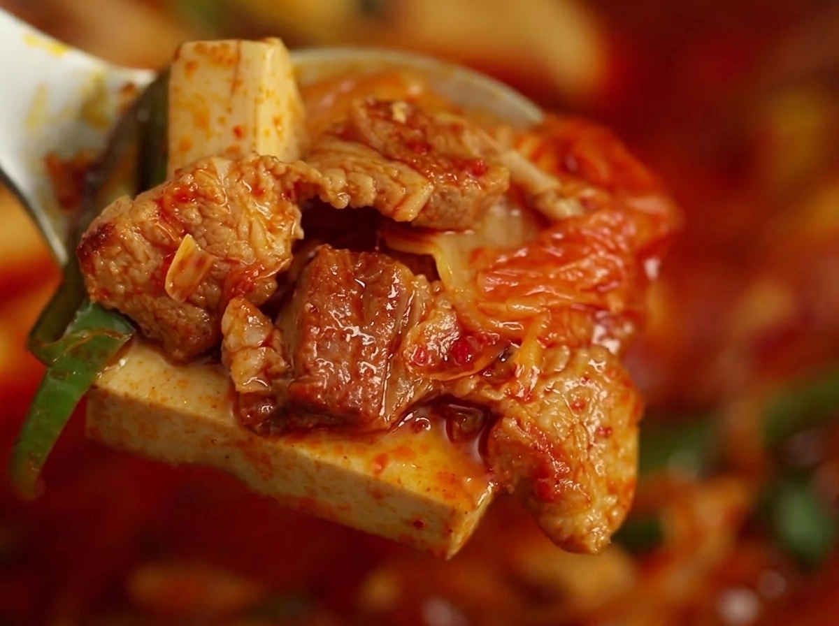 Warm water being poured into the pot, covering the stir-fried ingredients.