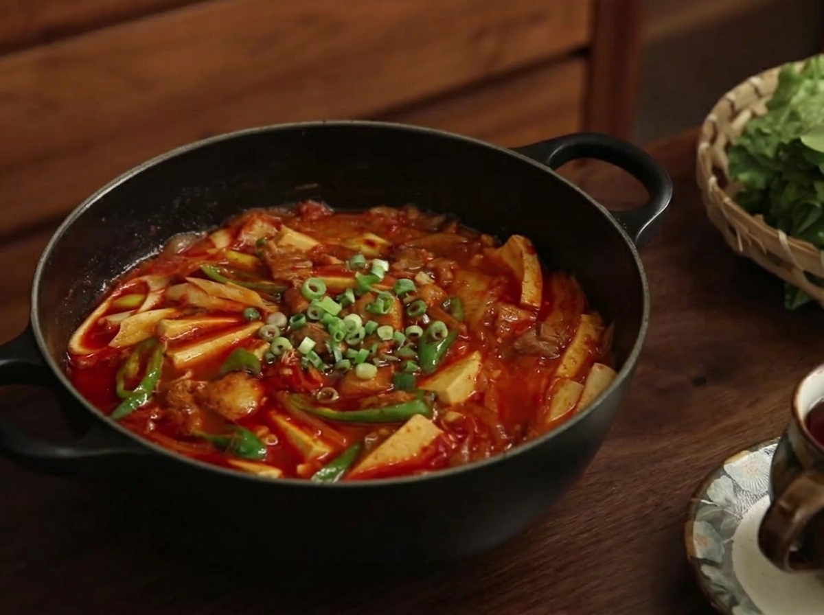 Chopped green onions being sprinkled over the finished kimchi and pork stew.