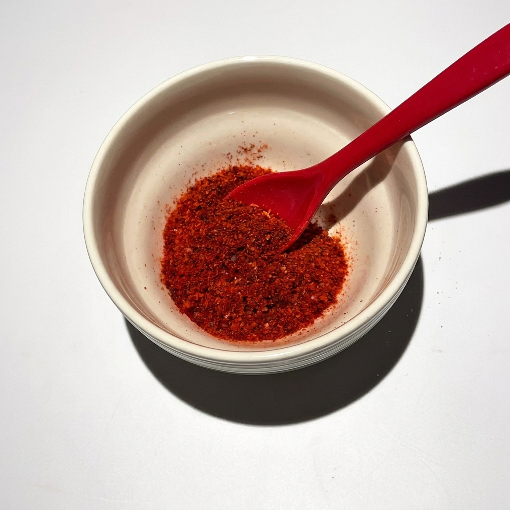 A close-up of a spoon adding red chili powder and other seasonings into a bowl for the base sauce.