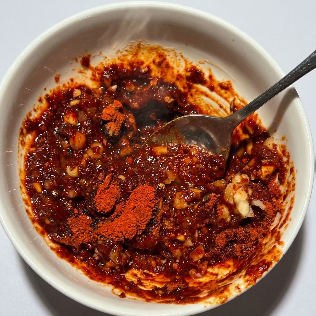 A metal spoon blending a thick, vibrant red sauce inside a white ceramic bowl.