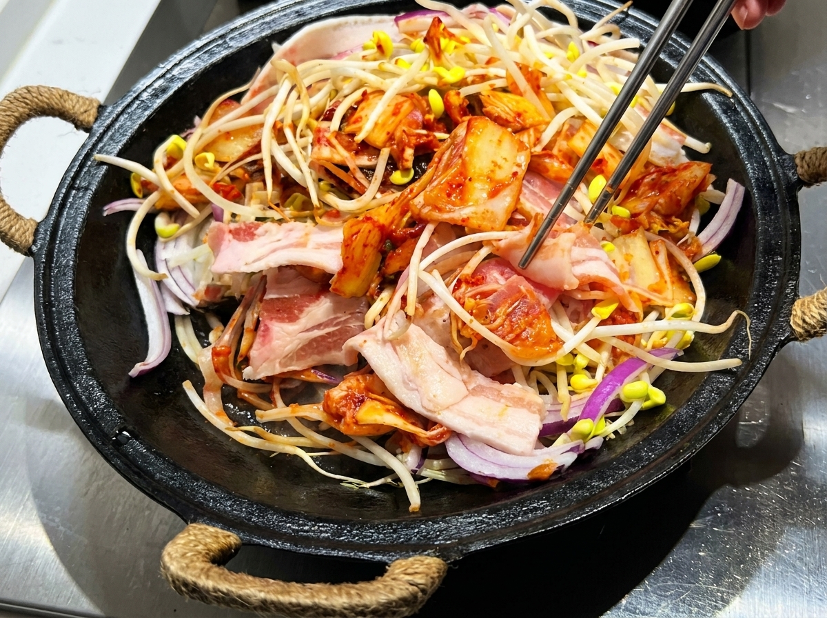 Tongs mixing sliced pork belly, bean sprouts, kimchi, and sauce together in a cast-iron pot.