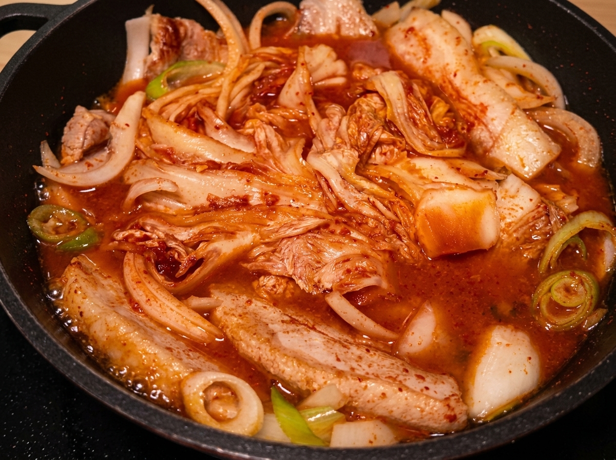 A spoonful of liquid seasoning being added to the red simmering broth in the pan.