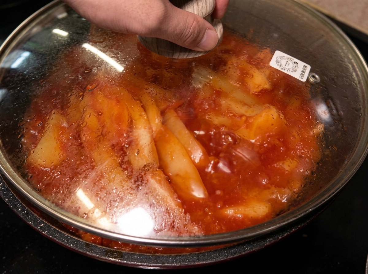 A glass lid being placed over the pan to cover the braised pork and kimchi.