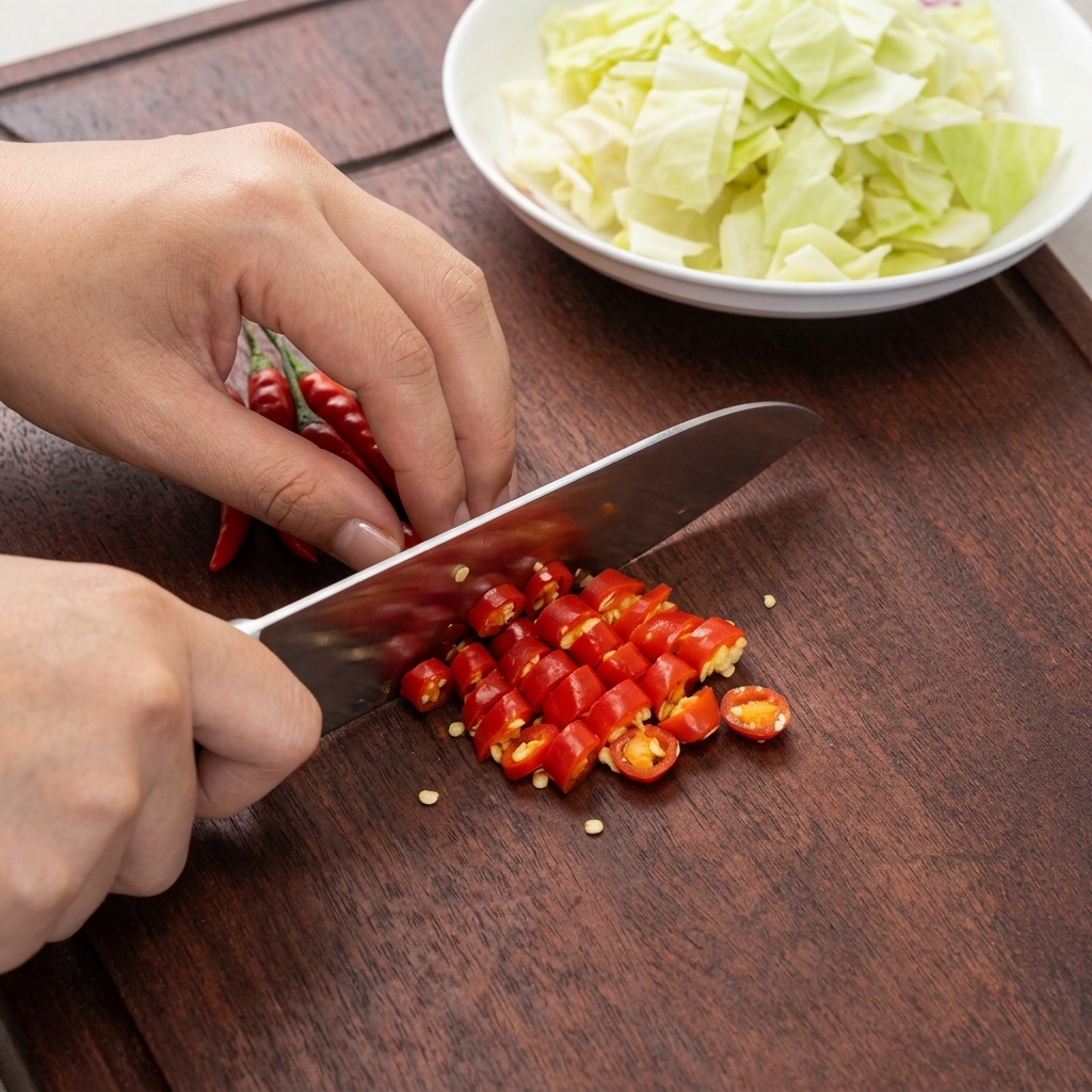Hands chopping bright red chilies into small rings on a dark wooden cutting board alongside a white bowl of cabbage.