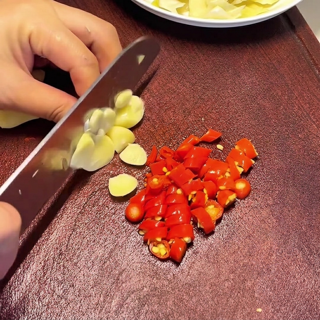 A hand using a knife to thinly slice raw garlic cloves on a cutting board, next to a pile of chopped red chilies.