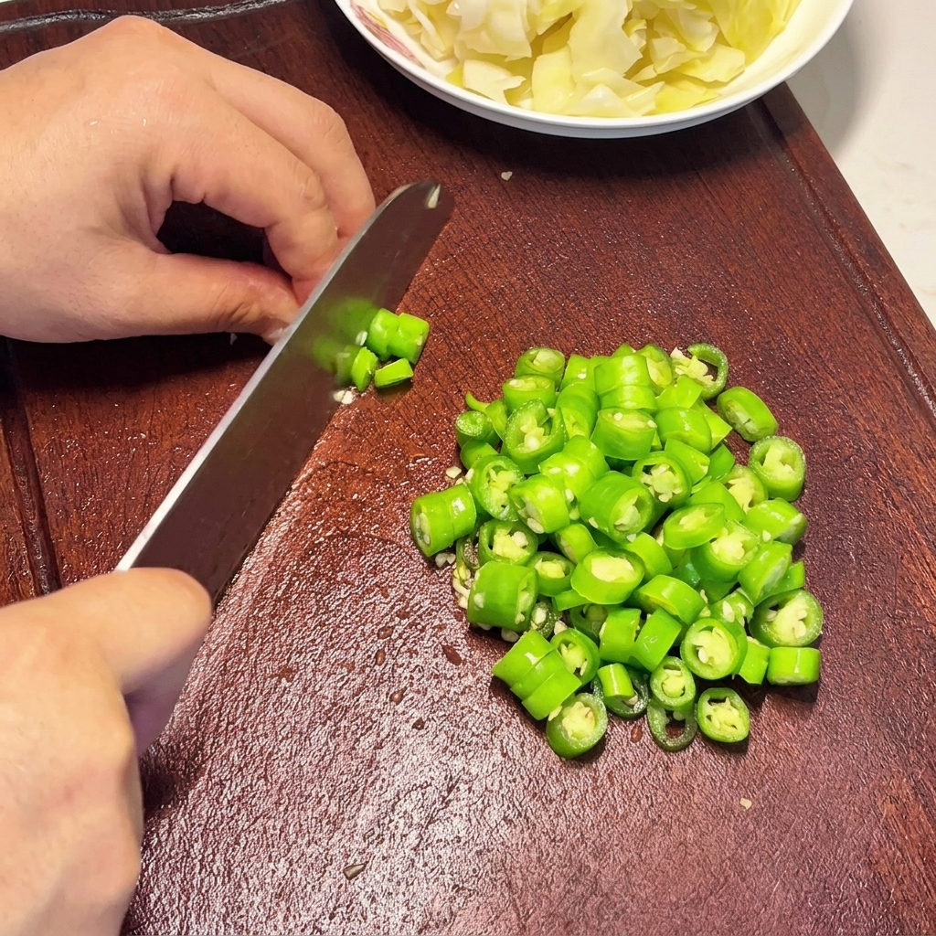 Hands chopping vibrant green chilies into uniform rings on a dark wooden chopping board.