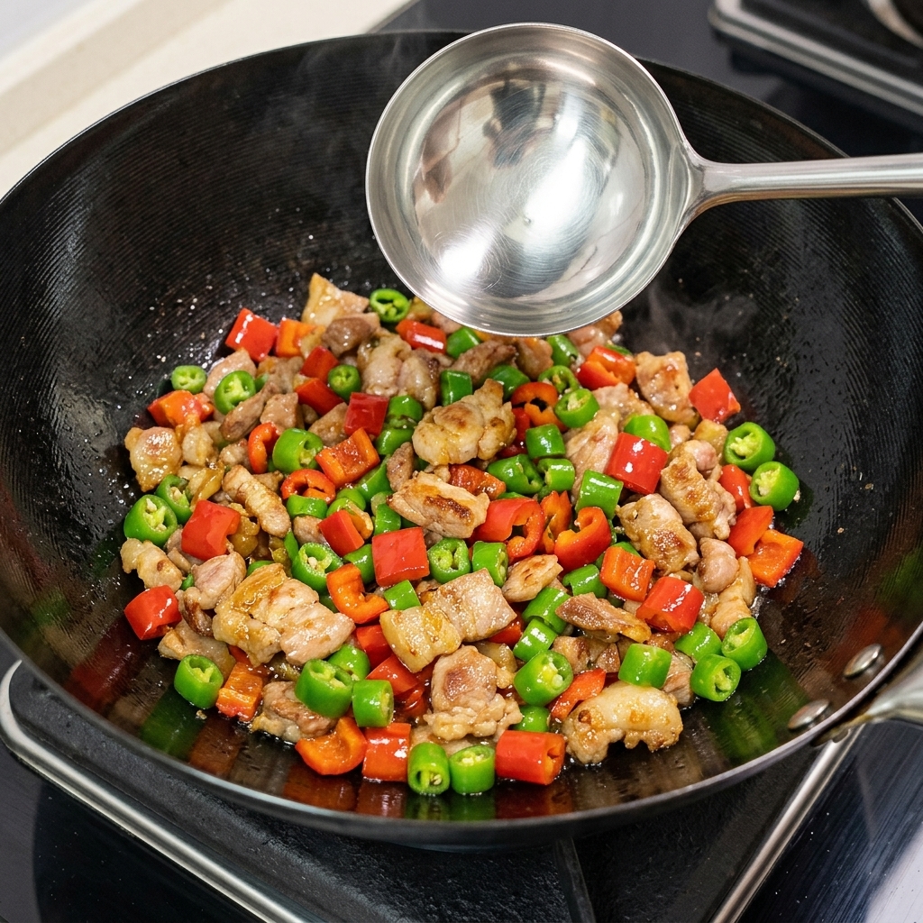 Freshly chopped red and green chilies and minced garlic being scattered into the wok with the frying pork.