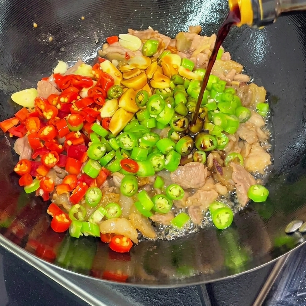 Pouring dark soy sauce from a bottle into a sizzling wok filled with sliced pork, whole garlic cloves, and chopped red and green chilies.