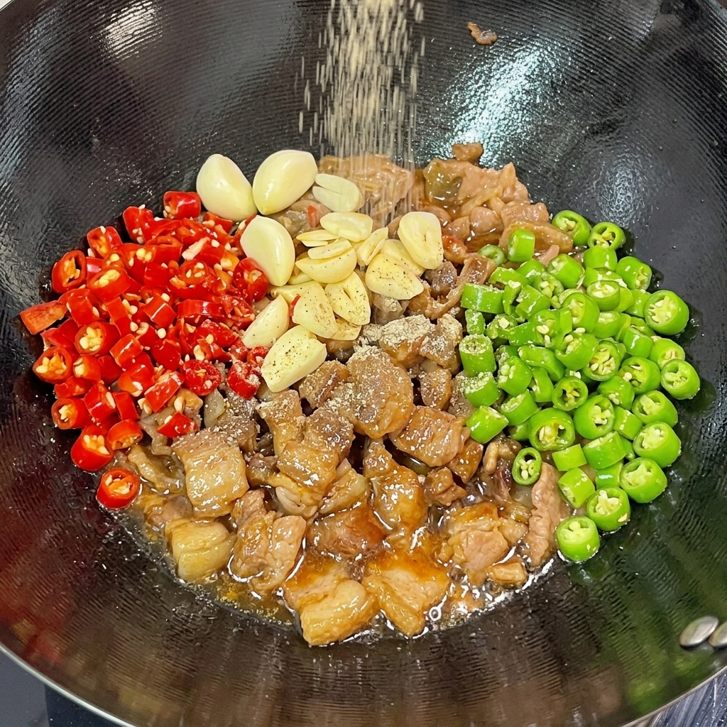 Fine pepper powder cascading from above onto a mix of cooked pork belly, garlic, and fresh chilies in a hot wok.