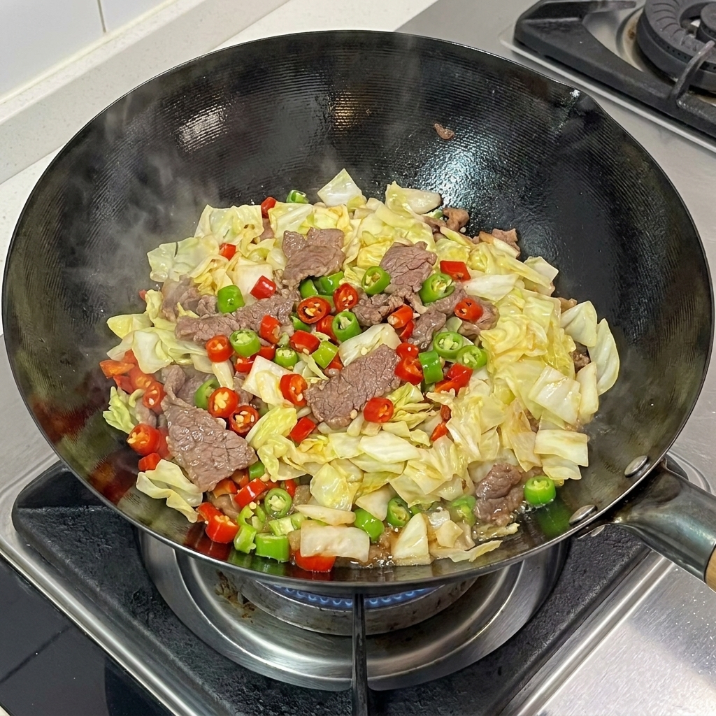 A large portion of cooked pickled cabbage added into the wok on top of the seasoned pork and chili mixture.