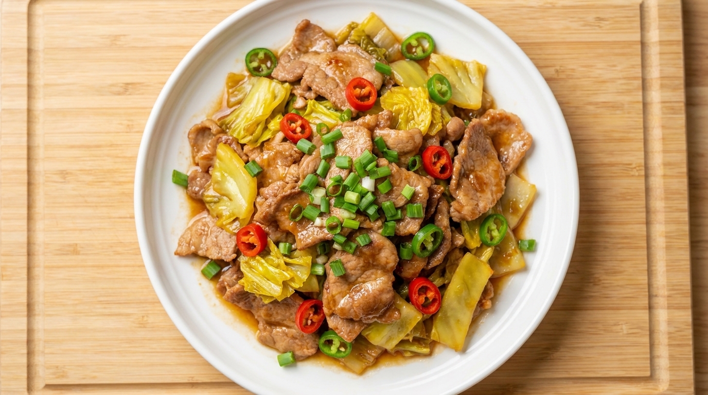 A plate of stir-fried pork and pickled cabbage, seasoned with chili and green onions.