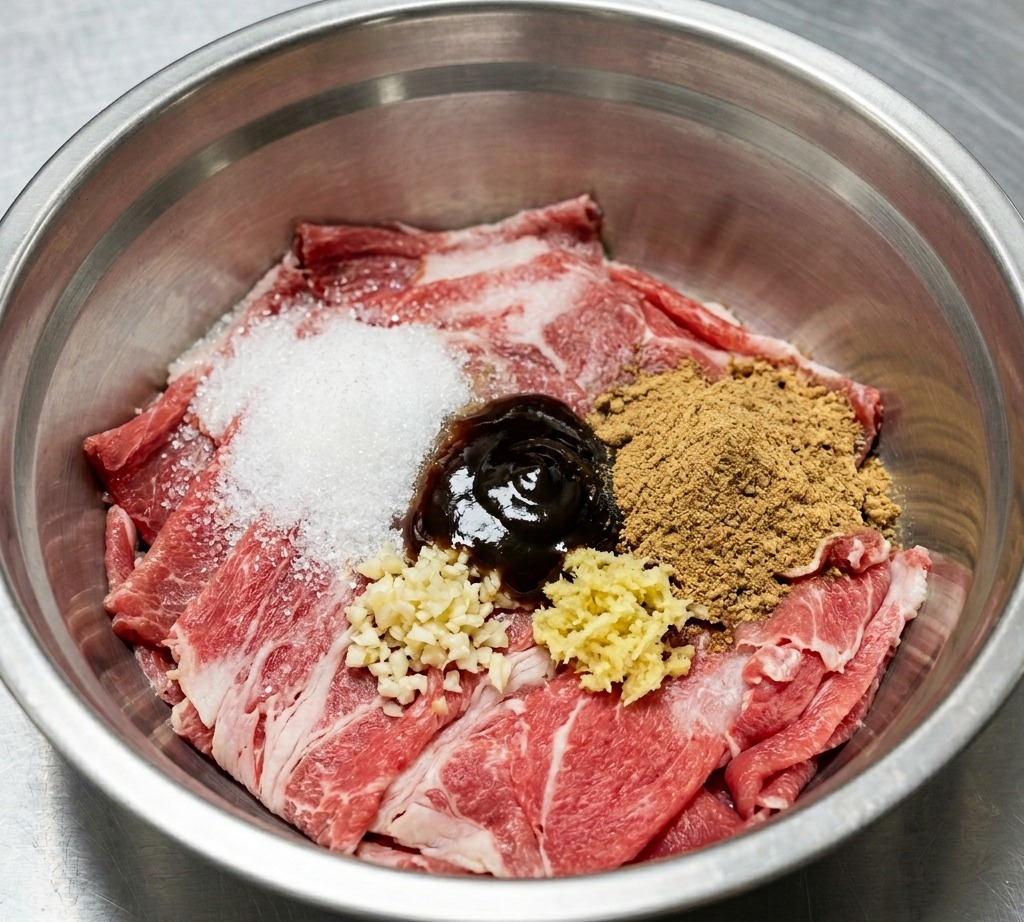 The beef in the bowl now topped with sugar, seasonings, and minced aromatics.