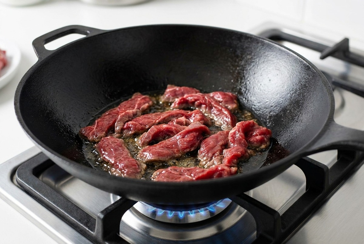Marinated beef slices sizzling in a hot, seasoned cast-iron wok.