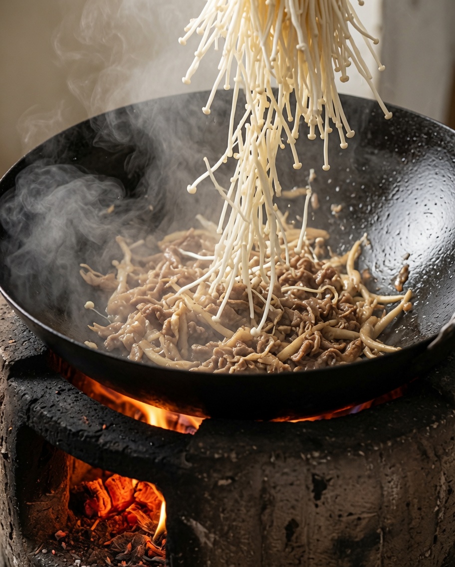 A bundle of fresh enoki mushrooms being added to the stir-frying beef and onions in a hot wok.
