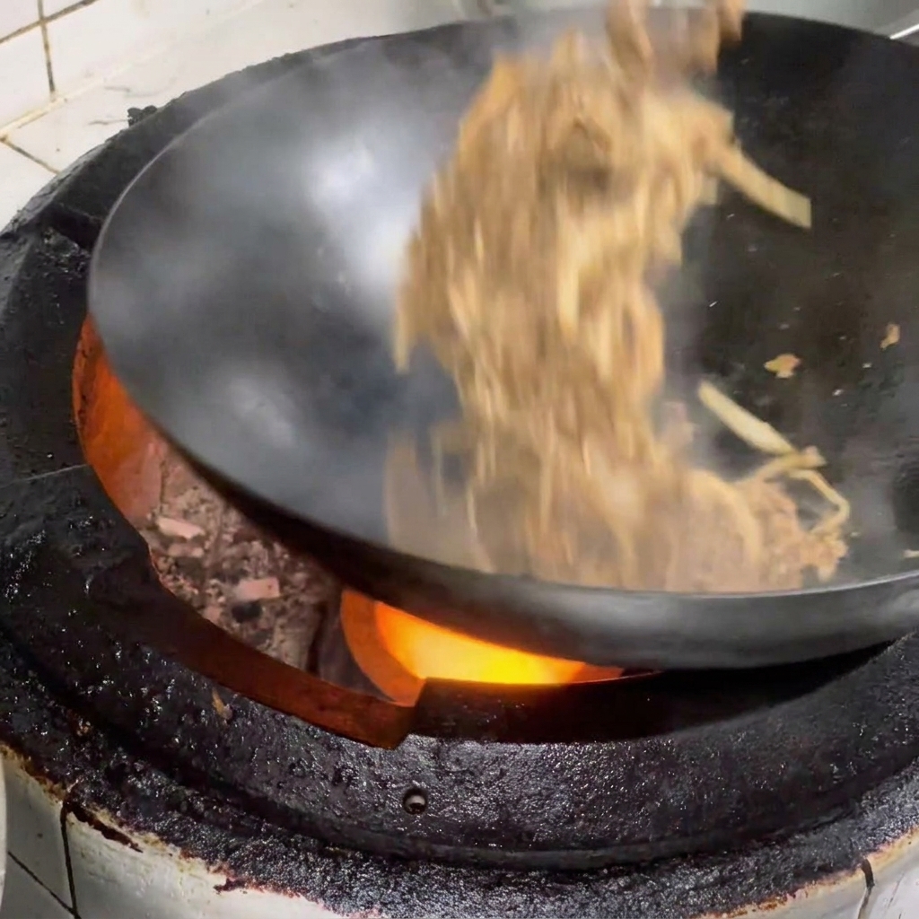 Cooking beef and mushroom mixture being plated over white rice in a traditional bowl.