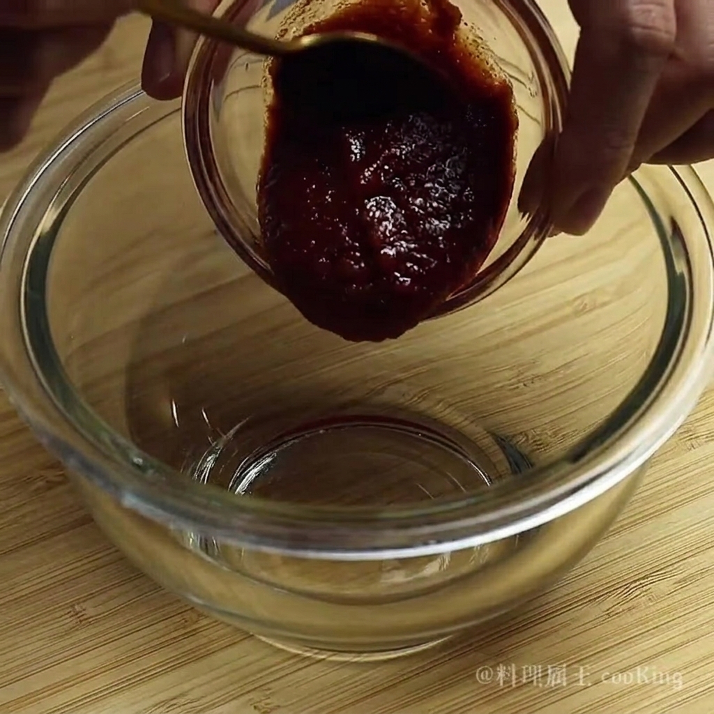 A small glass bowl filled with a red, thick sauce mixture being stirred with a spoon.