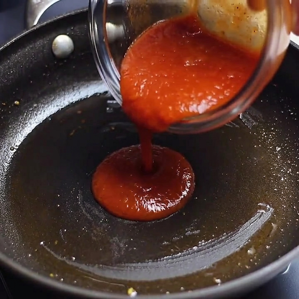 The prepared sauce mixture being poured into a pan, ready to be brought to a boil.