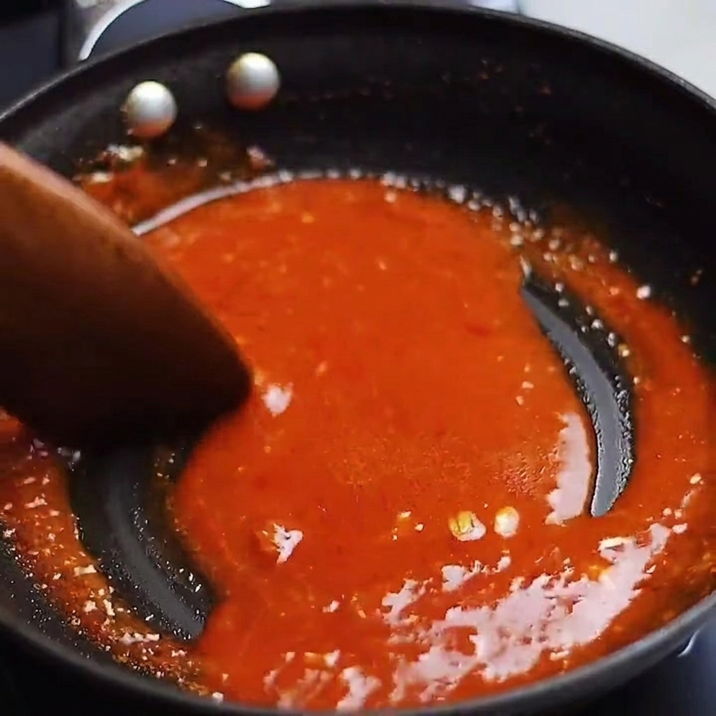 Pan-fried pork belly strips being coated in a simmering, thick red sauce in a pan.