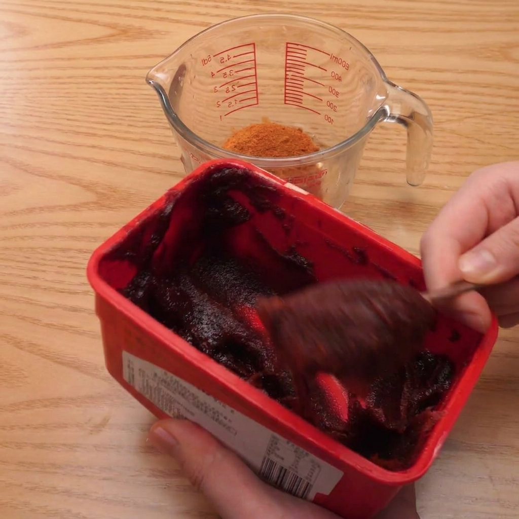 A glass measuring cup containing a mixture of chili powder, Korean chili paste, and other seasonings, with Sprite being poured in.