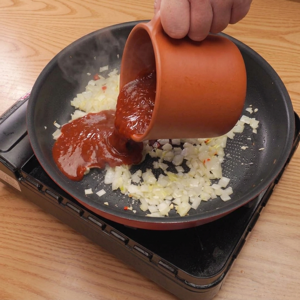 A dark red sauce mixture being poured into a pan with sautéed onion, green onion, and garlic, simmering on low heat.