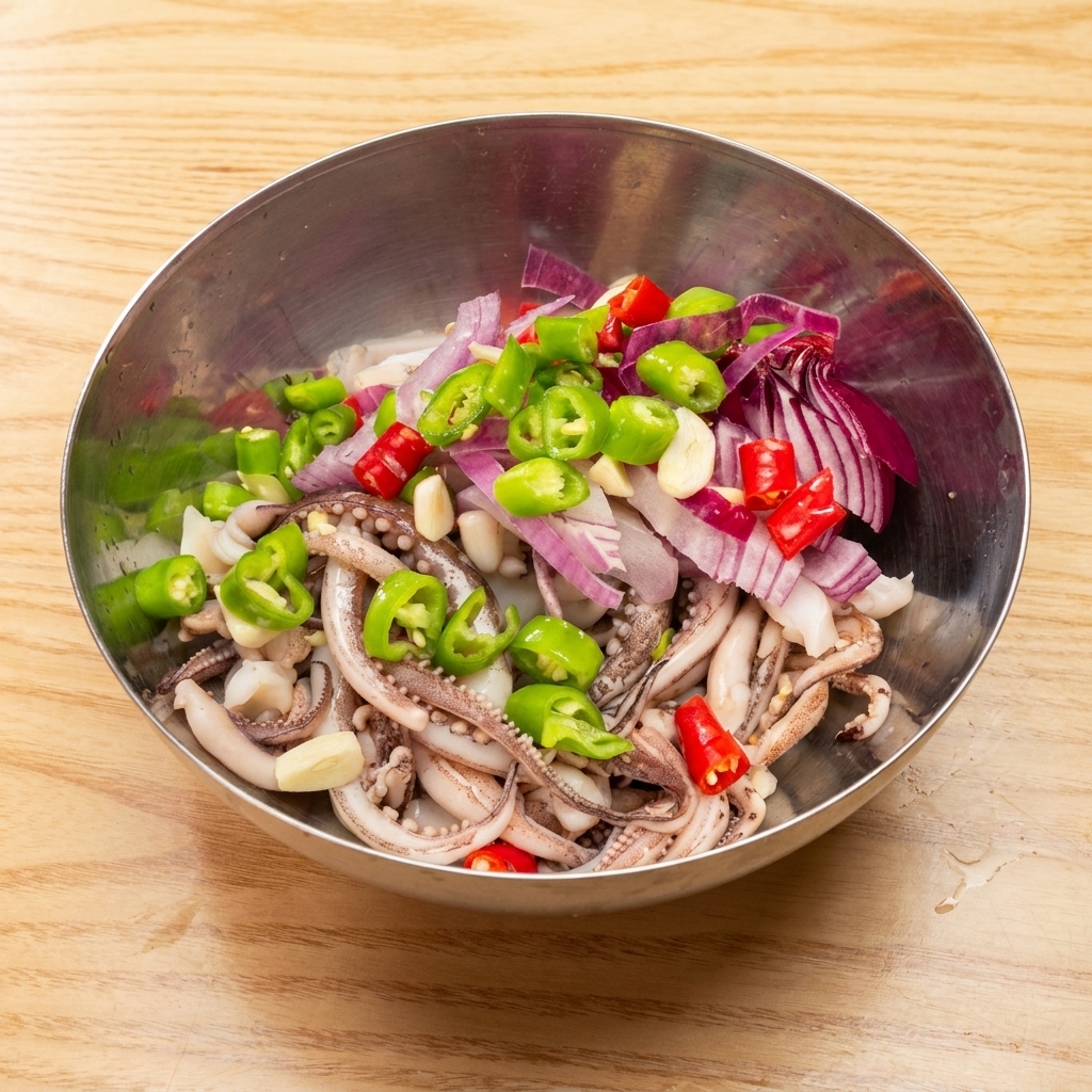 Blanched squid legs being tossed with chopped onions, garlic, chili, and a vibrant red spicy garlic sauce in a stainless steel bowl.