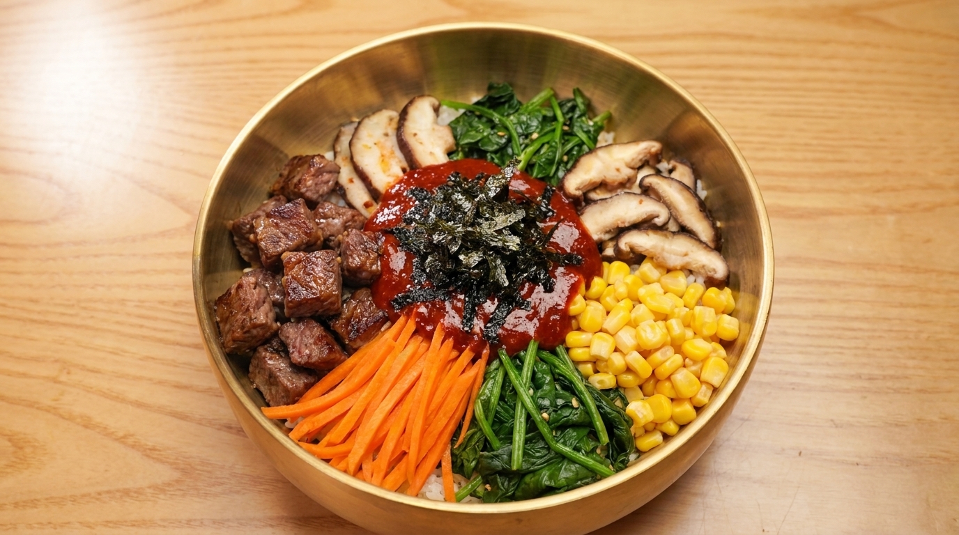 A golden bowl filled with bibimbap, featuring seared beef cubes, colorful vegetables, and a savory-sweet sauce topped with seaweed.