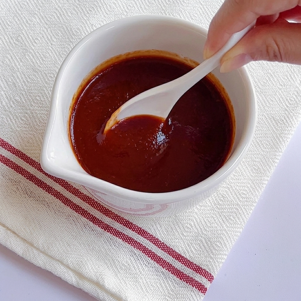 Close-up of a white spoon stirring a thick, dark red sauce in a small white bowl.