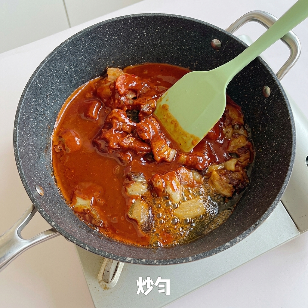 Pork belly and kimchi being stir-fried with sauce in a pan using a light green spatula.