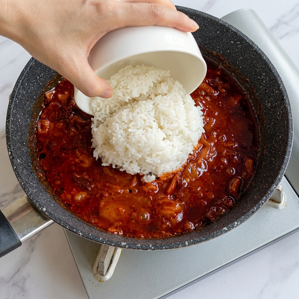 A bowl of white rice being added to a pan filled with stir-fried pork belly and kimchi.