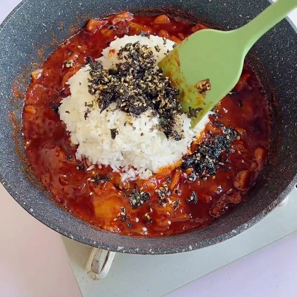 Fried rice being mixed with sauce and seaweed flakes in a pan using a green spatula.
