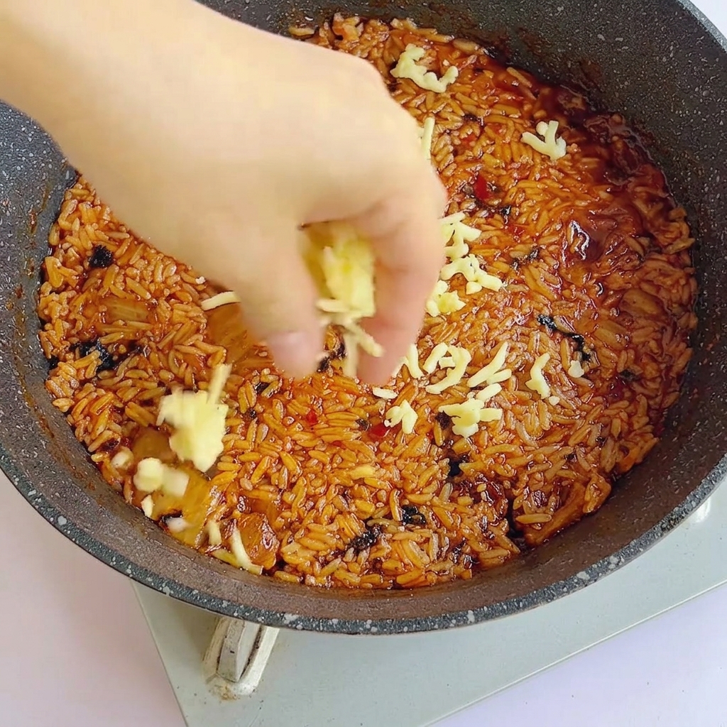 A hand scattering shredded cheese over the surface of the stir-fried rice in the pan.