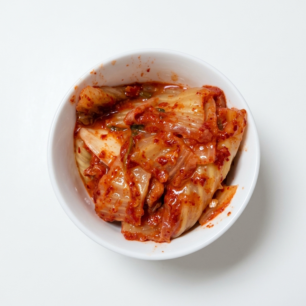 A pair of kitchen scissors cutting through red, spicy kimchi inside a white bowl.