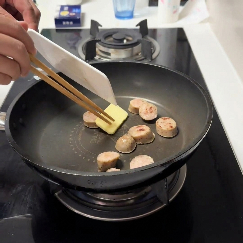 A small square of butter melting in a pan alongside browned sausage slices.