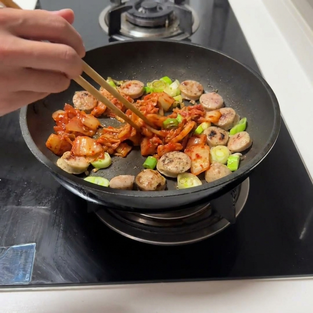Cut kimchi being mixed into the pan with the sausage and aromatics.