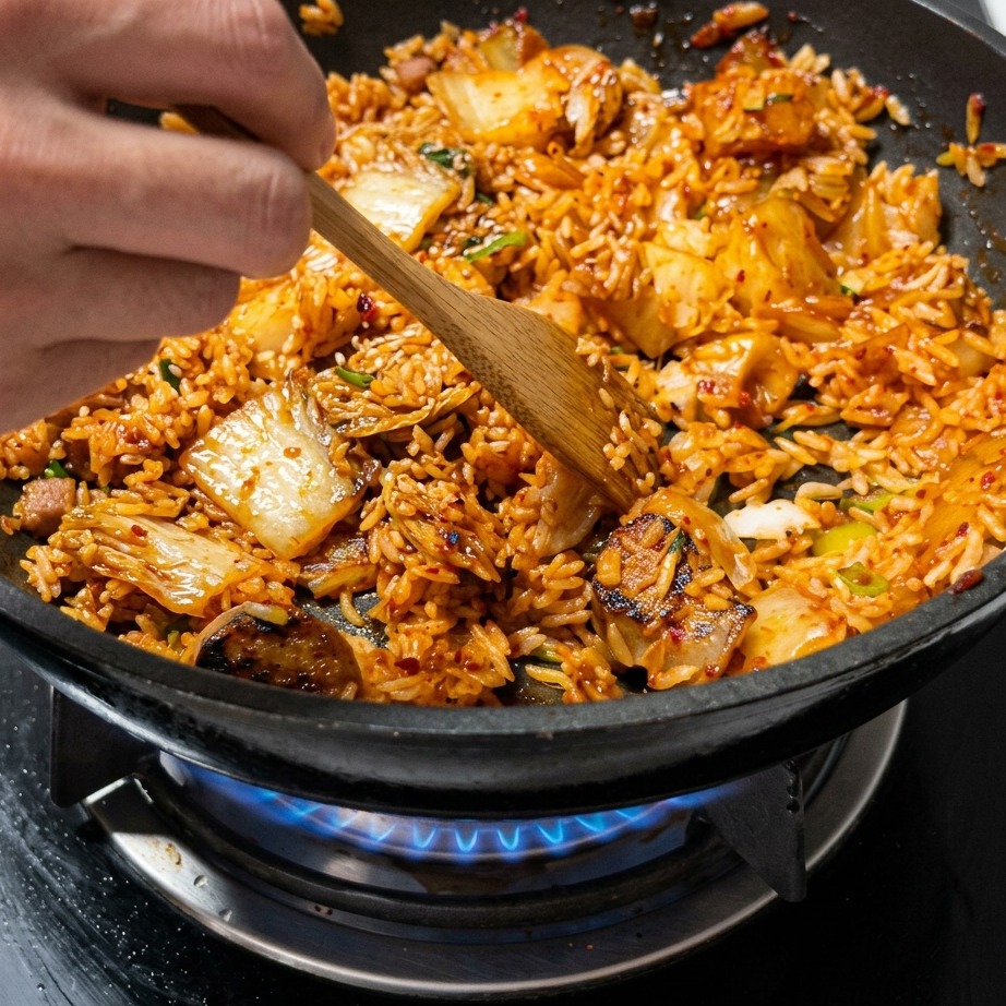 Steamed rice being mixed with kimchi, meat, and sauce using a wooden spatula in a hot pan.