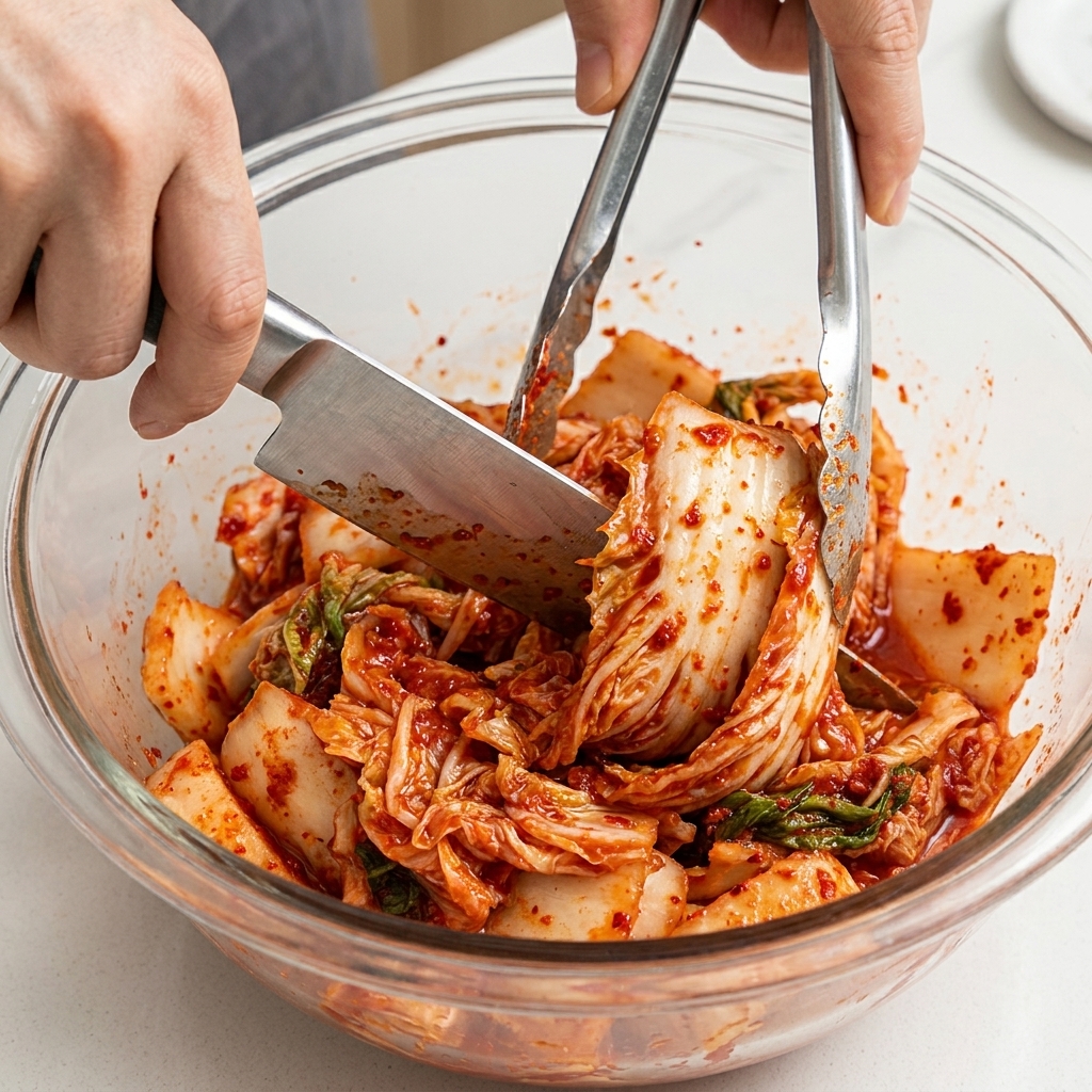 Sour kimchi pieces being cut with kitchen scissors inside a clear glass bowl.
