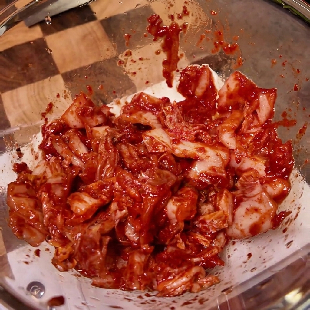 A glass bowl containing kimchi being seasoned with various liquid and powder ingredients.