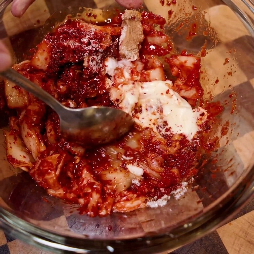 The kimchi and seasoning mixture being stirred together in a glass bowl.