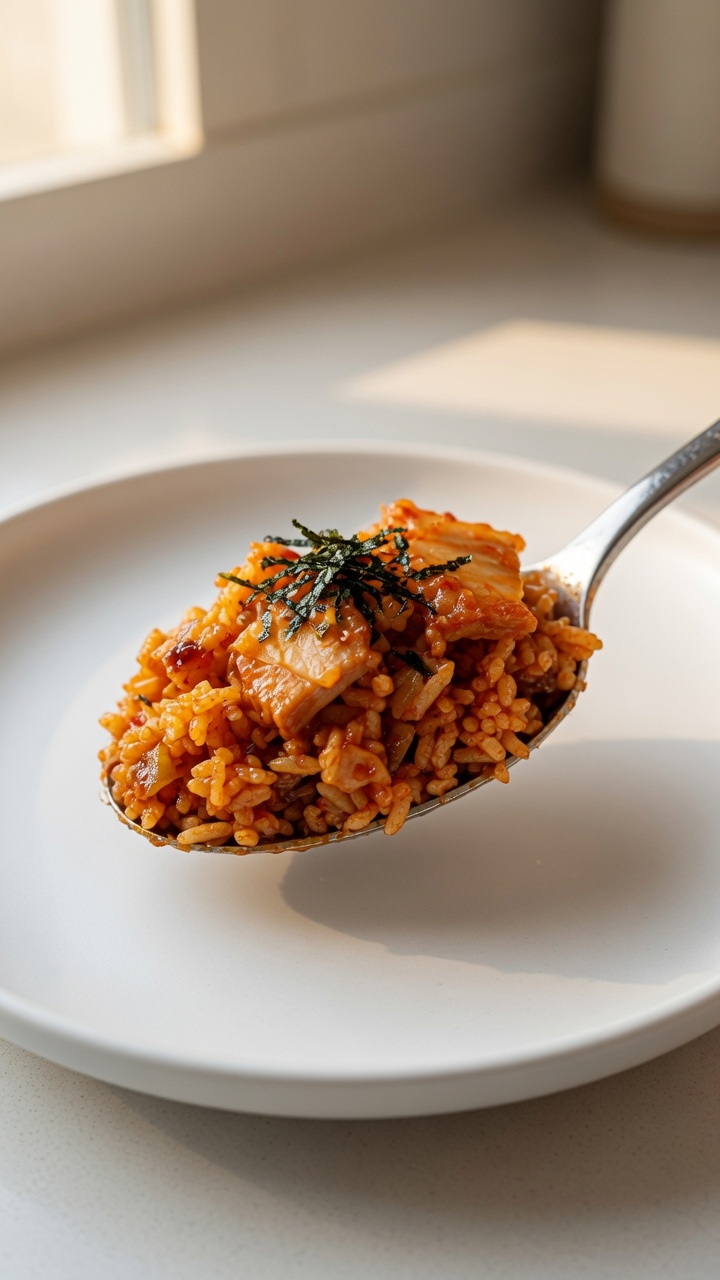 A flavorful spoonful of kimchi fried rice, featuring glistening rice, tender pork belly, and savory bits of seaweed.