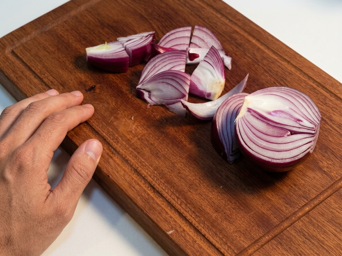 A red onion being chopped into chunks on a wooden cutting board.