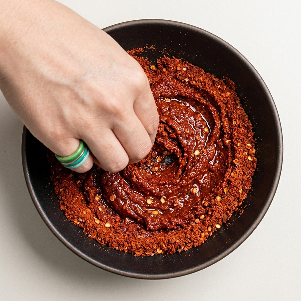 Red chili flakes being incorporated into a thick, cooled glutinous rice paste using a gloved hand.