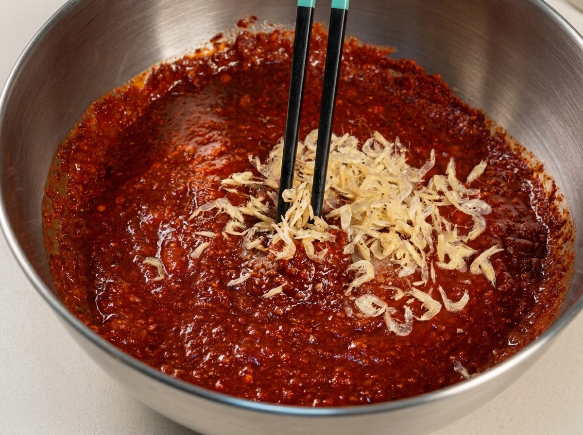 Dried baby shrimp and seasonings being stirred into a rich red chili kimchi paste using chopsticks.